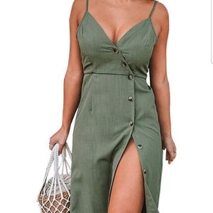 Cupshe Army green button vneck dress lar